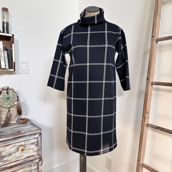 Ann Taylor LOFT Windowpane Funnel Neck Navy White Tunic Dress Sz: XS - Picture 3 of 11